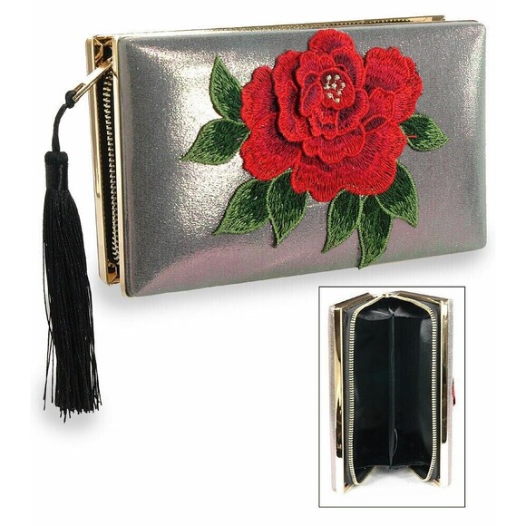 Flower EmbroideredWristlet Zipper Clutch Metal Frame Clutch Handbag